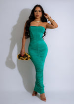 Sea Breeze Ruched Maxi Dress Green, a flowy and elegant long dress perfect for summer beach outings and evening parties, featuring a flattering ruched design and a refreshing green color
