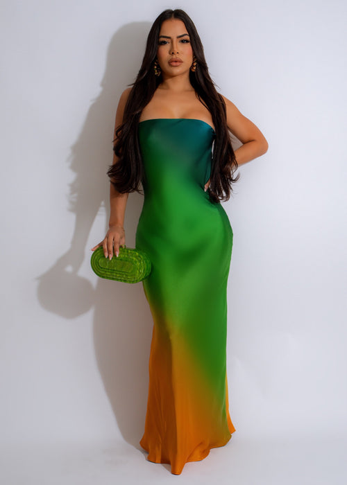 Tropical Sunset Maxi Dress Green with beautiful floral print and adjustable straps