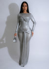 Mystical Ruched Maxi Dress Silver, a shimmering floor-length gown with elegant ruching and a flattering silhouette, perfect for a formal event or special occasion