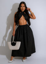 Shadow Symphony Skirt Set Black, a stunning two-piece outfit with flowing, asymmetrical skirt and matching crop top, perfect for a night out or special occasion