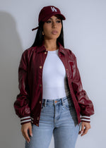 Campus Crush Faux Leather Jacket Red with zippered pockets and belt detail