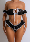 Tidal Edge Bikini Set Black, back view on a model, featuring a criss-cross tie design and moderate coverage