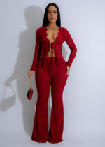 Red lace pant set with midnight ruffle detailing for a sexy, elegant look