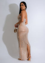 Golden Mirage Mesh Rhinestone Maxi Dress Nude - Back view, intricate mesh design, elegant and glamorous, perfect for special occasions