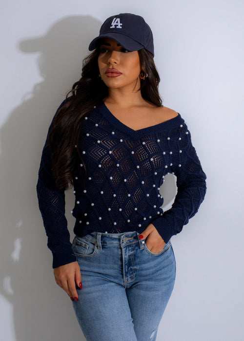 Moonlight Pearl Knit Sweater Blue, front view with delicate pearl embellishments