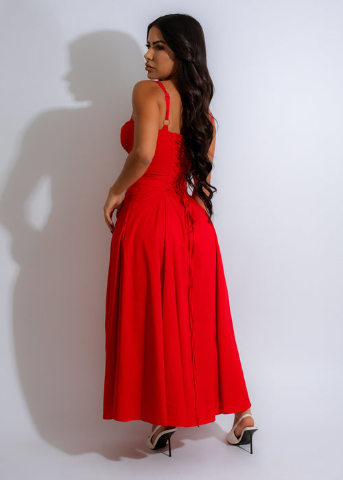  Elegant and Alluring Red Scarlet Corset Midi Dress with Lace-Up Back