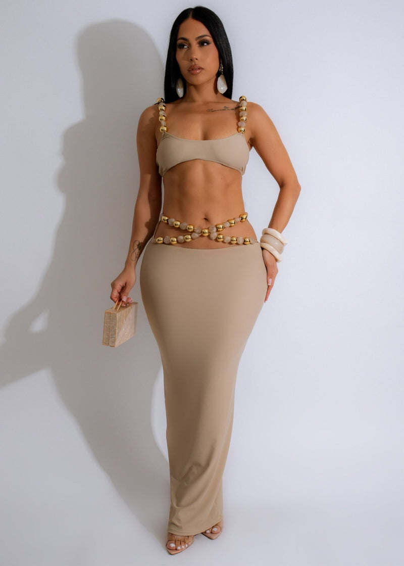 Golden Glamour Beaded Skirt Set Nude with intricate golden beadwork and flowy skirt 