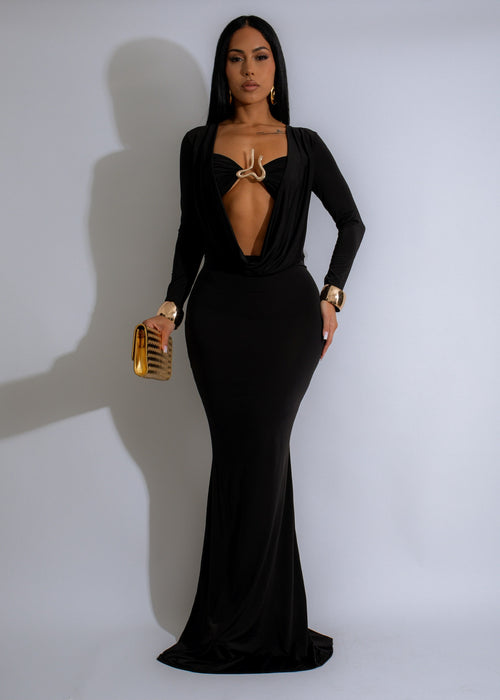 Full length black maxi dress with v-neck and adjustable spaghetti straps 