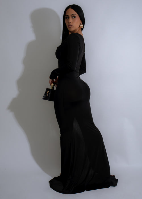  Stunning black Seductive Symphony Ruched Maxi Dress with alluring ruched detailing and elegant floor-length design