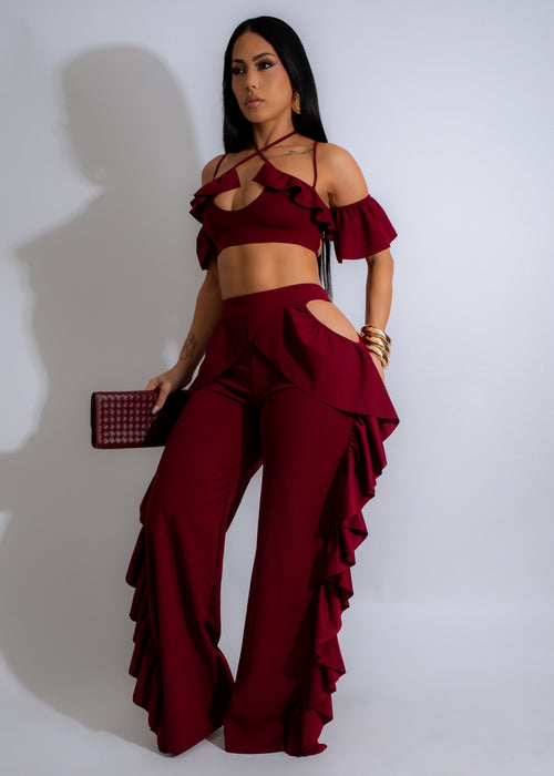 Stunning red pant set with matching top, perfect for making a statement