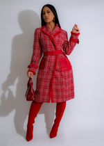 Stylish Uptown Chic Tweed Coat Red with Button Accents and Belted Waist