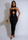 Midnight Empress Maxi Dress Black, a stunning floor-length gown with elegant lace detailing and a flattering empire waist silhouette