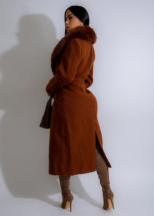 Elegant Regal Luxe Coat Brown with fur collar and tailored fit