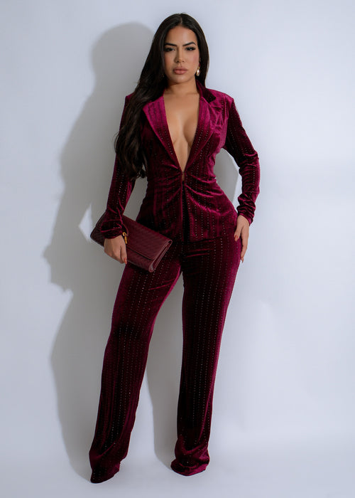 Close-up image of the Starlit Stride Velvet Rhinestones Pant Set in Burgundy, featuring intricate rhinestone embellishments and luxurious velvet fabric