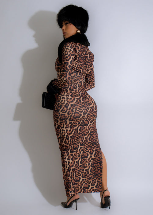  Feline Allure Leopard Maxi Dress Brown - Flowing and flattering brown dress with bold leopard pattern for a chic look