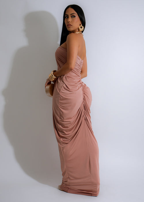 Venus Charm Ruched Maxi Dress Nude - Elegant and flattering nude dress with ruched detailing and a flowing maxi length