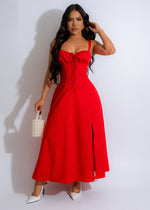 Red Scarlet Corset Midi Dress with Lace Detailing and Flared Skirt