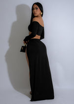 Black skirt set with crimson aura design, perfect for elegant evenings