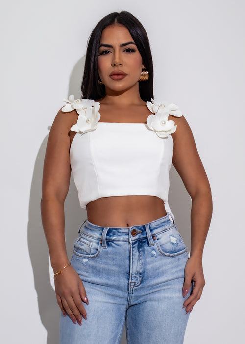 Floral Luxe Pearls Crop Top White* with intricate floral design and elegant pearls