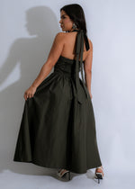 Elegant and stylish olive green midi dress with charming design