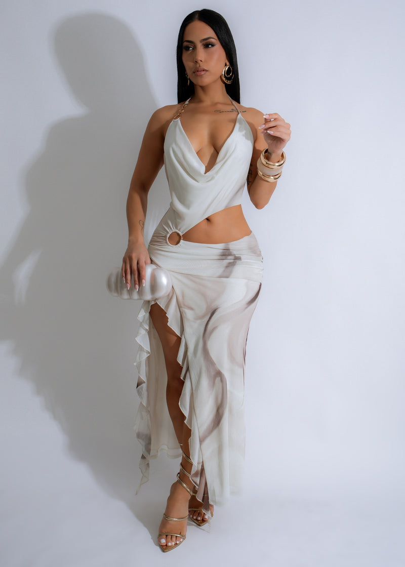 Alt text: Stunning Ember Glow Midi Dress Nude, perfect for a romantic evening out