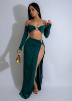 Crimson Aura Skirt Set Green, a vibrant and flowy two-piece outfit with a high-waisted skirt and matching top, perfect for a stylish and chic look for any occasion