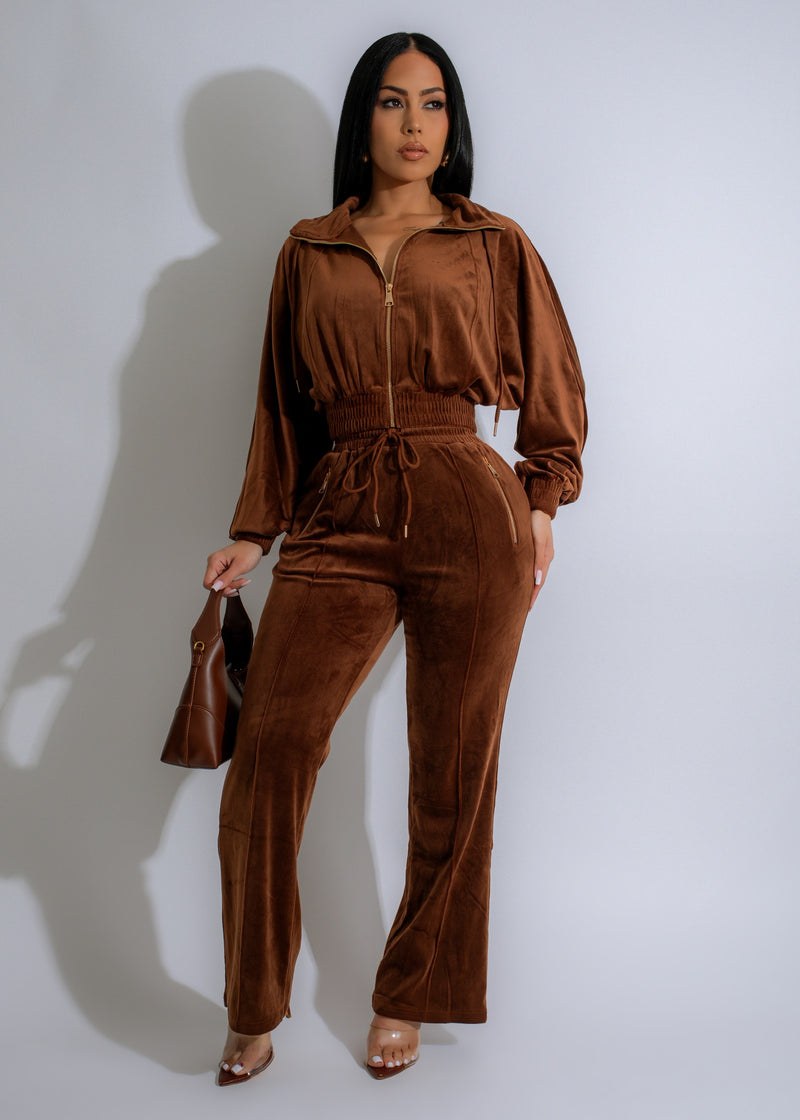 Dark brown velvet pant set with a luxurious and comfortable design