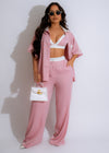 All For You Satin Pant Set Pink - Front View, Pink satin pant set with lace detailing, perfect for lounging