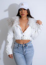 Frostbound Faux Fur Jacket White: A luxurious and stylish winter coat for women with soft and fluffy faux fur material, perfect for staying warm and fashionable during cold weather 