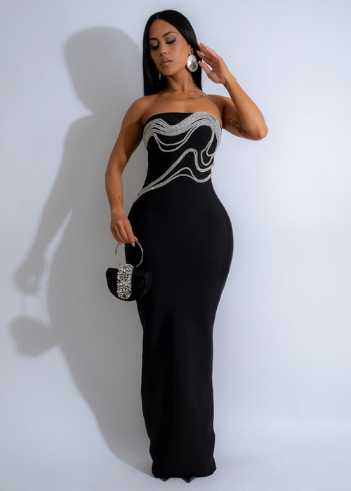 Luminous Waves Rhinestone Maxi Dress Black with plunging neckline and sparkly detailing