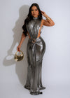 Radiant Aura Metallic Maxi Dress Silver shimmering in the evening light, perfect for a special occasion