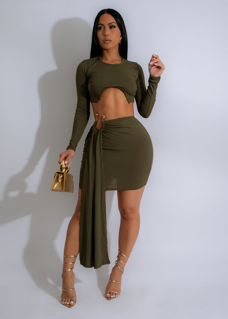 Deep forest green ribbed skirt set with matching crop top 