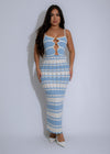 Seaside Serenity Knit Maxi Dress Blue* showcasing a flowing, floor-length design in a beautiful ocean blue color, perfect for beachside strolls and summer soirées