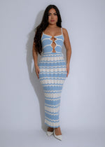 Seaside Serenity Knit Maxi Dress Blue* showcasing a flowing, floor-length design in a beautiful ocean blue color, perfect for beachside strolls and summer soirées