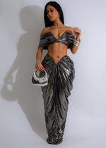 Lunar Luster Metallic Ruched Skirt Set Silver for a glamorous night out with friends or a special event, this metallic ruched skirt set in stunning silver is sure to turn heads with its shimmering fabric and figure-flattering silhouette