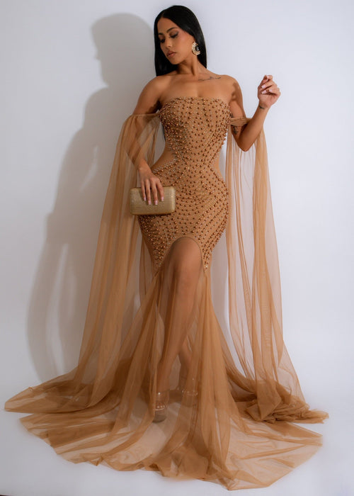 Maximum Radiance Rhinestone Maxi Dress Nude, front view with intricate rhinestone detailing and flowing skirt