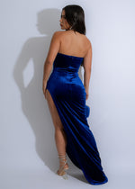  Full-length image of the Obsidian Reverie Velvet Rhinestones Maxi Dress Blue, showcasing its stunning blue color and elegant, flowing silhouette