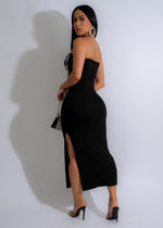  Elegant black maxi dress featuring sculpted bodice and radiant rhinestone detailing