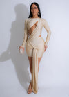 Celestial Knot Mini Dress Nude in soft, flowing fabric with intricate details