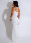 Ethereal Garden Rhinestones Maxi Dress White featuring a plunging neckline and intricate lace design