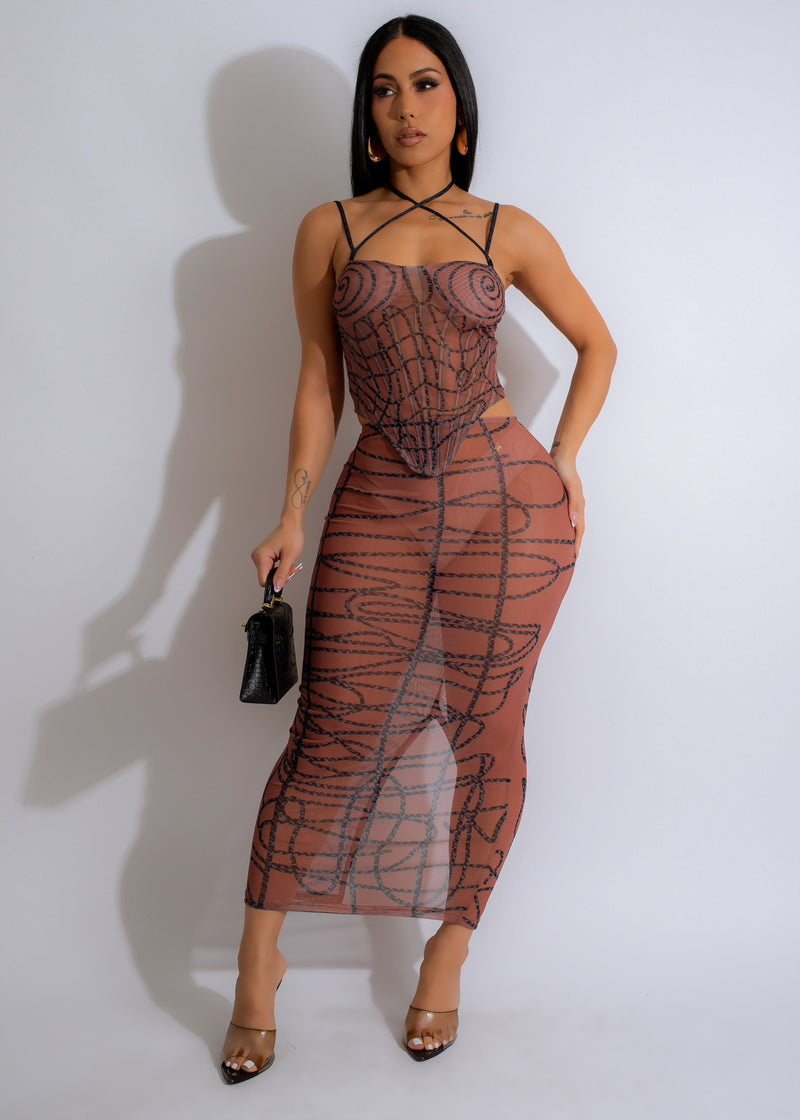 Brown mesh skirt set with matching top and intricate detailing