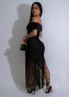 Elegant and stylish Sage Serenade Ruched Fringes Maxi Dress Black