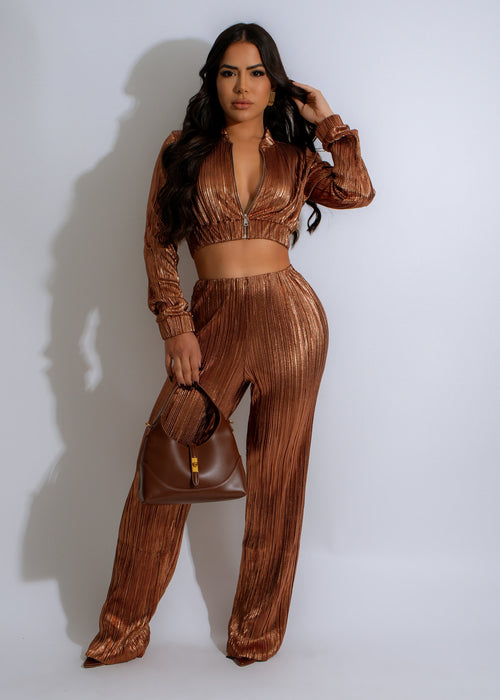 Glide Aura Metallic Pant Set Brown in shimmering metallic fabric, stylish and comfortable for everyday wear