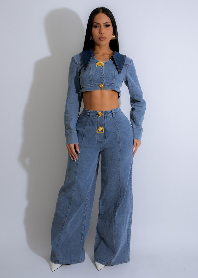 Alt text: Light denim pant set with a trendy downtown edge design and stylish fit