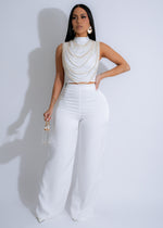 Opulent Cascade Satin Pearls Pant Set White, a luxurious and elegant outfit perfect for special occasions 