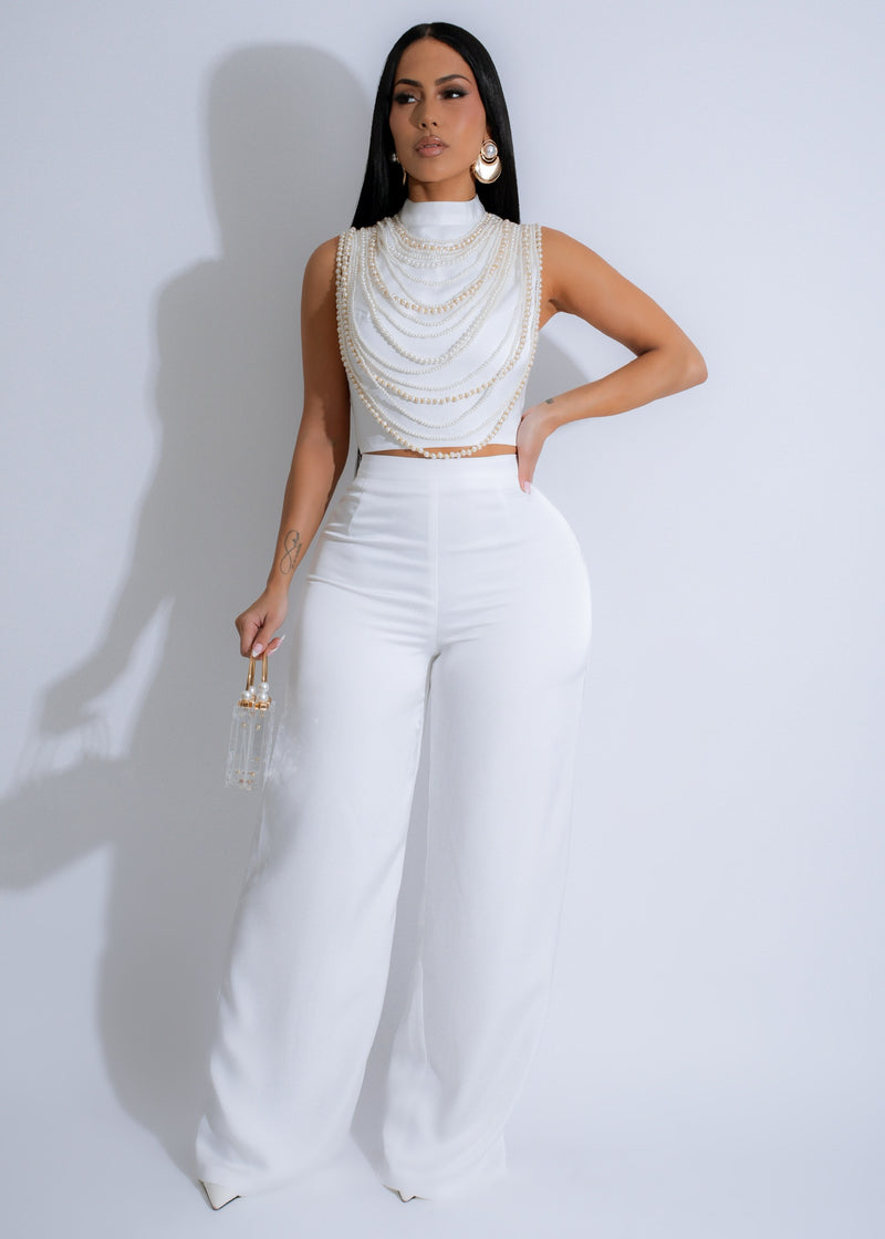 Opulent Cascade Satin Pearls Pant Set White, a luxurious and elegant outfit perfect for special occasions 