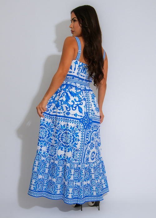 Mediterranean Breeze Floral Midi Dress Blue