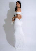  Eclipse Allure Ruched Maxi Dress White - Side view of floor-length white dress with ruched detailing and flowing silhouette