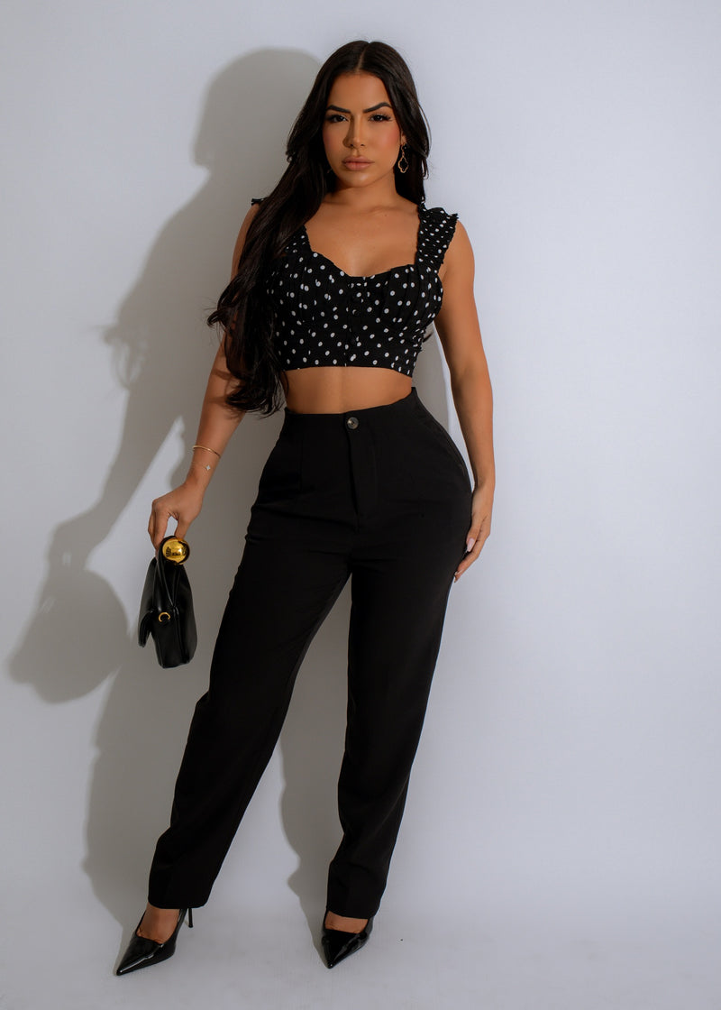 Fashionable Polka Dot Charm Crop Top Black with adjustable straps and flattering crop cut