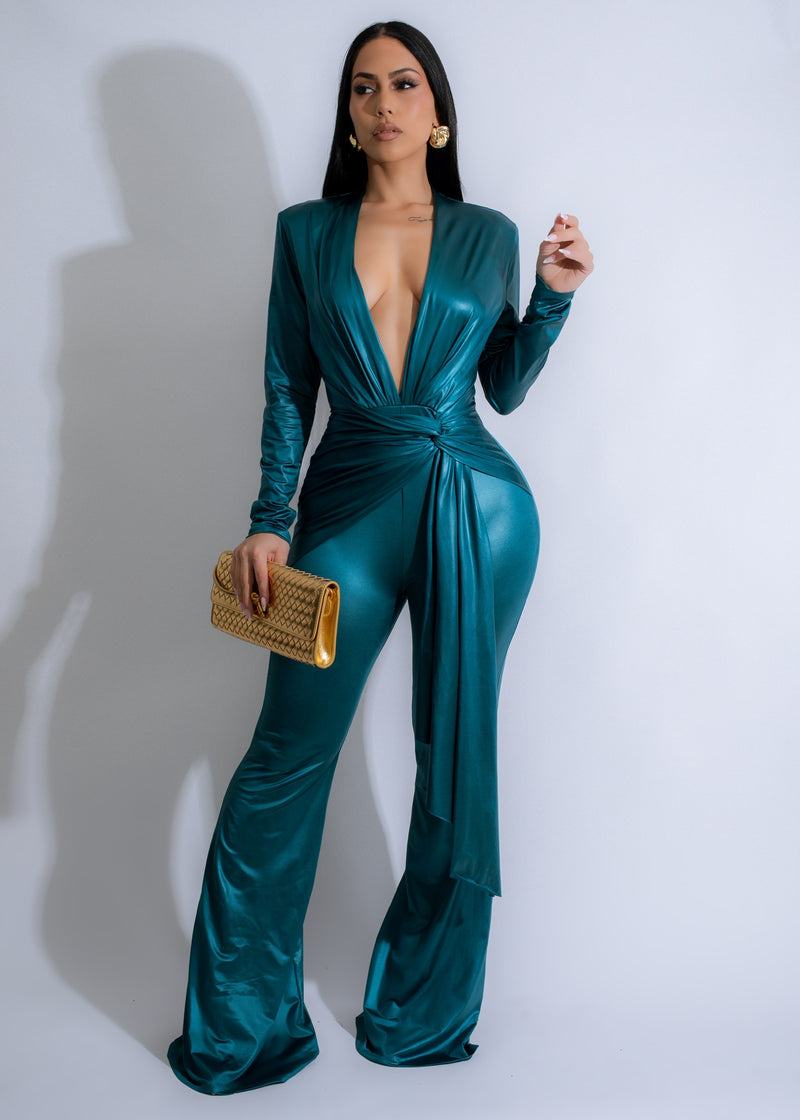 Phantom Drape Satin Jumpsuit Blue, a sleek and elegant one-piece outfit 